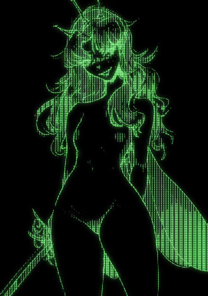 A fairy with a sword rendered in a pixelized, green retro screen style.